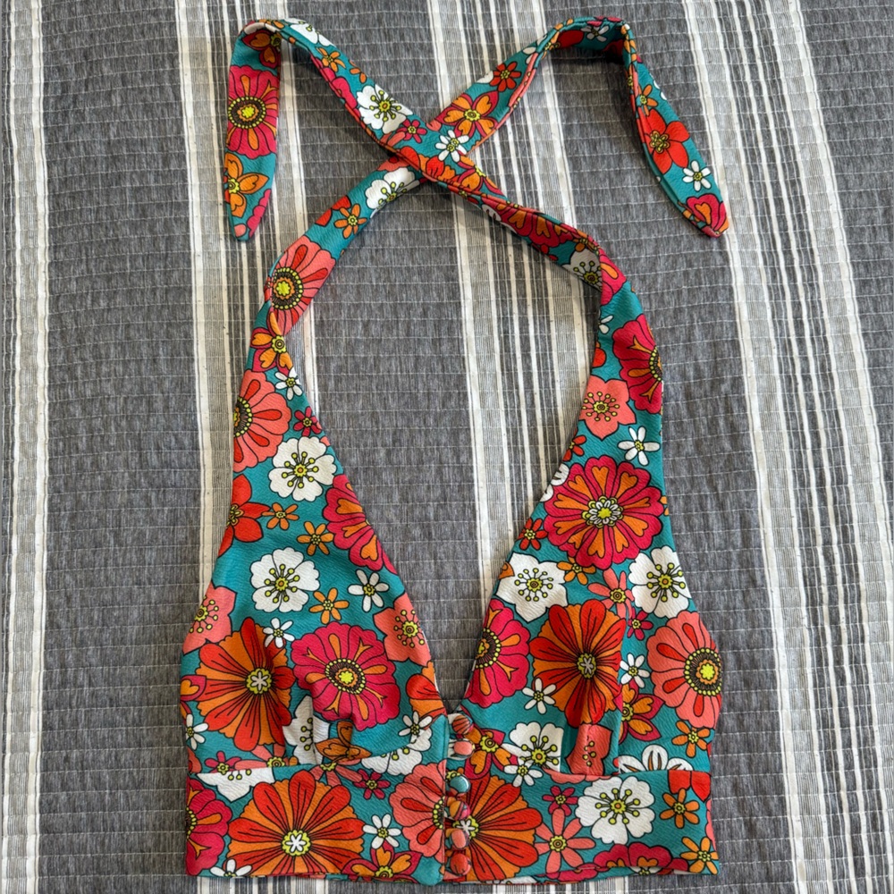 Unique Vintage Floral Halter Top in Teal and Orange